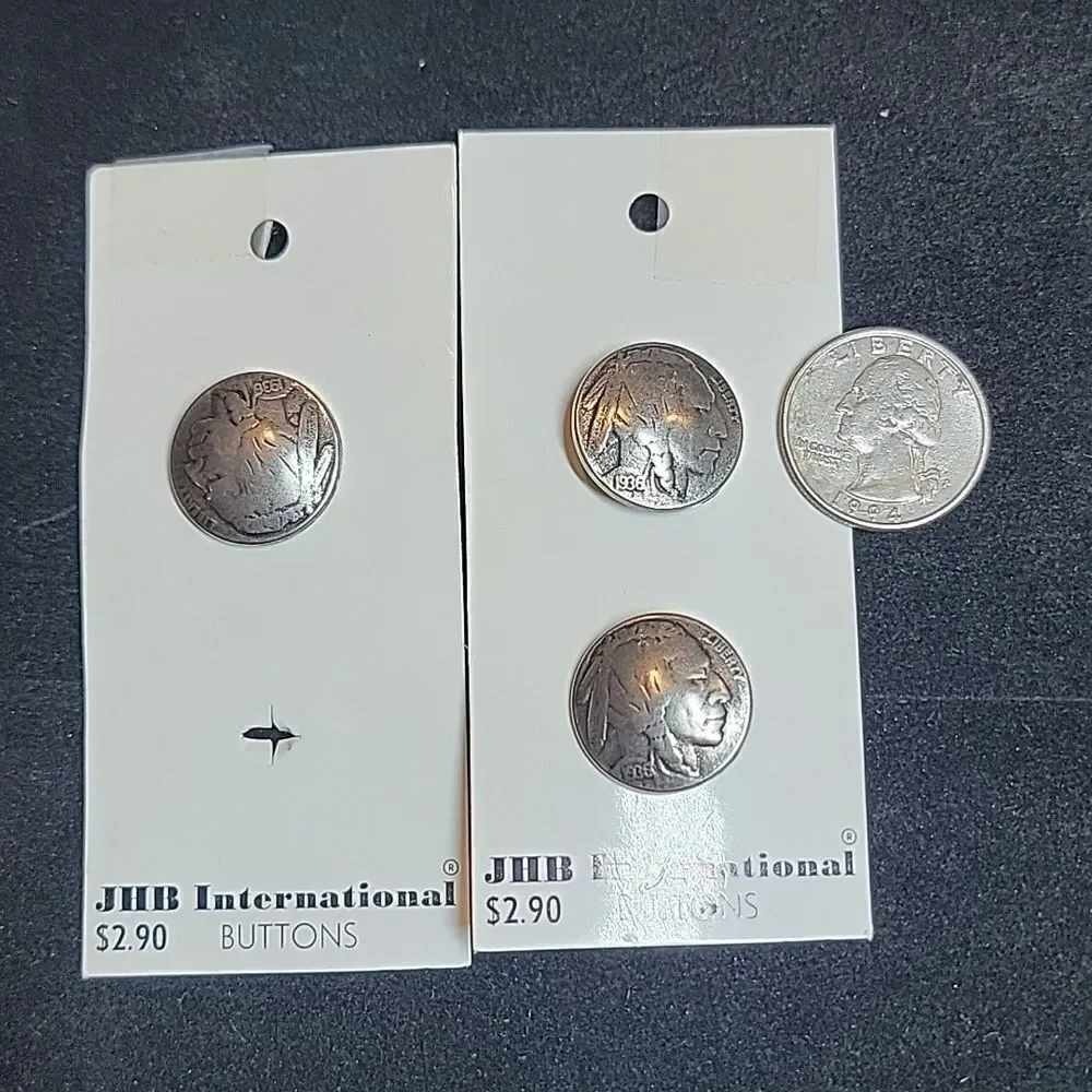 Vintage JHB International Buffalo Nickel Silver Tone Buttons #90558